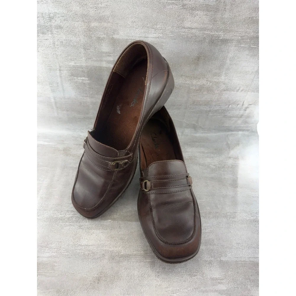 Clarks Women Brown Leather Block Heel Loafers Square Moc Toe 79474 Size 9.5M